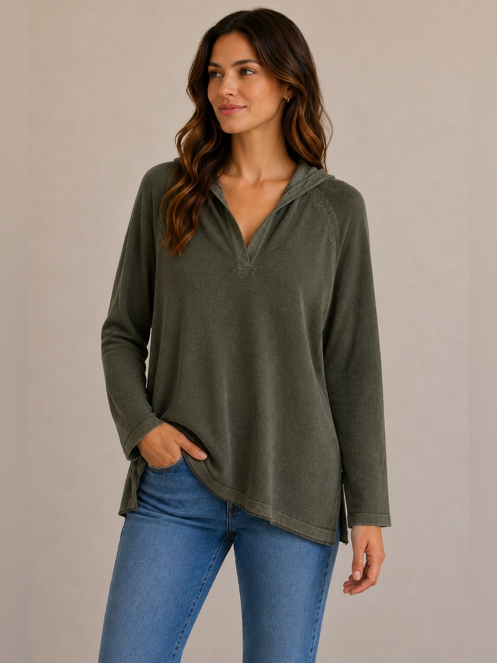J Jill Olive Hooded Tunic Sweater Minimalist Coastal Casual Lightweight Knit M